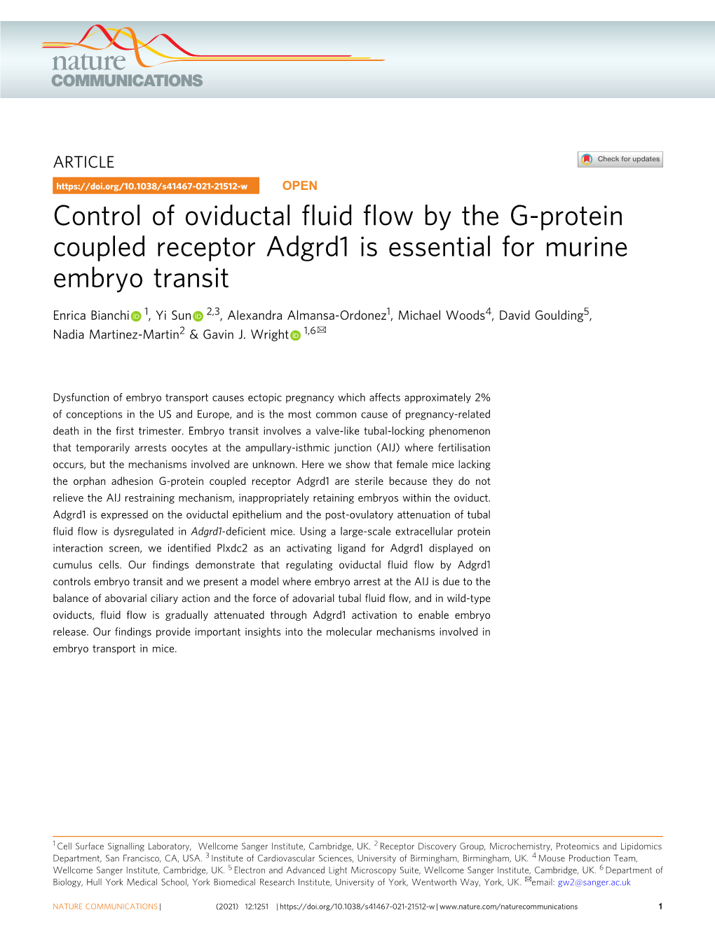 Control of Oviductal Fluid Flow by the G-Protein Coupled Receptor Adgrd1