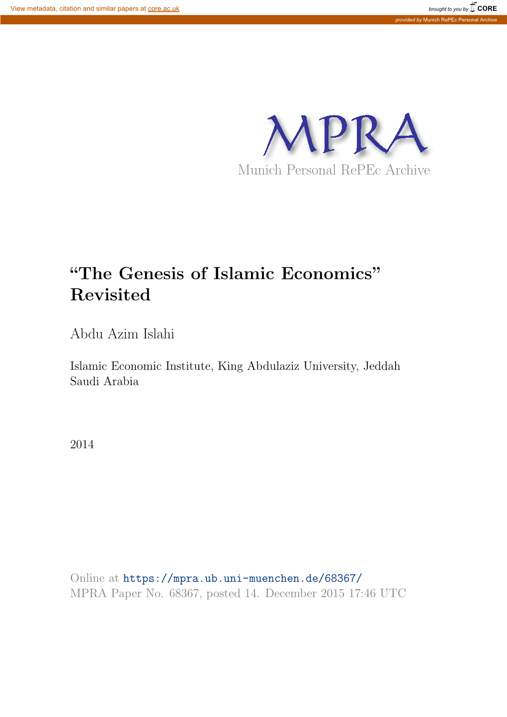 The Genesis of Islamic Economics” Revisited