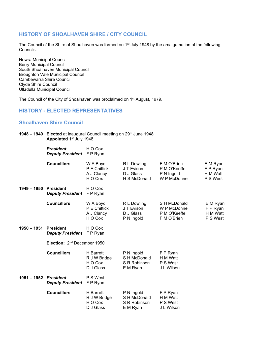 ELECTED REPRESENTATIVES Shoalhaven Shire Council