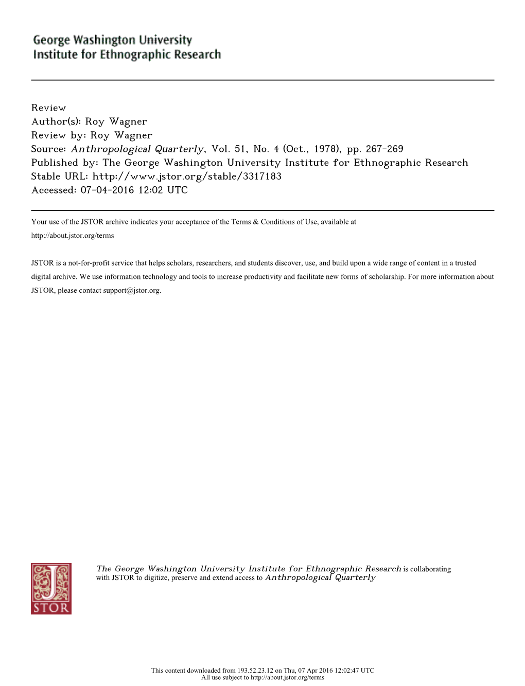 Review Author(S): Roy Wagner Review By: Roy Wagner Source: Anthropological Quarterly, Vol