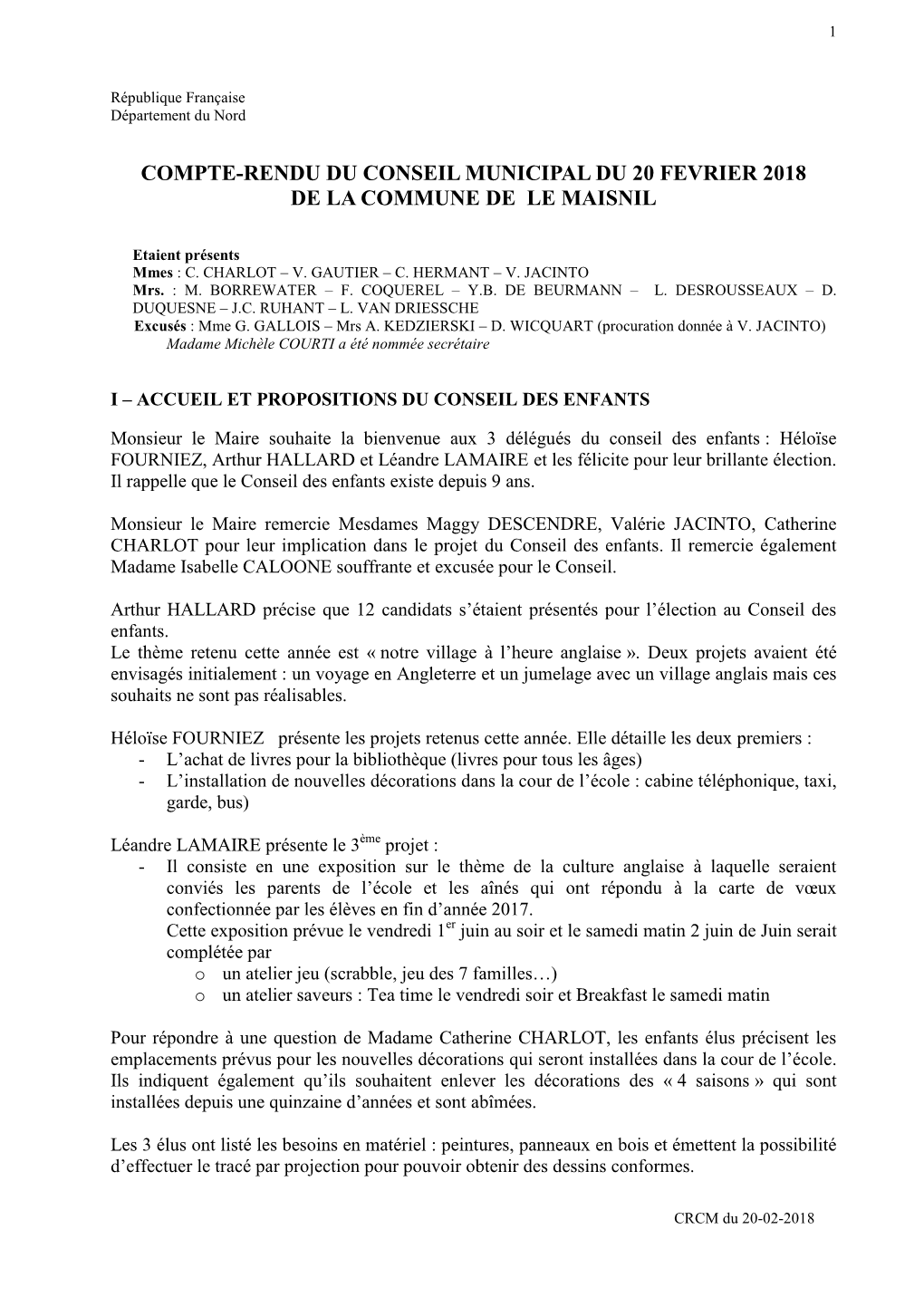 Compte-Rendu Du Conseil Municipal Du 20 Fevrier 2018 De La Commune De Le Maisnil