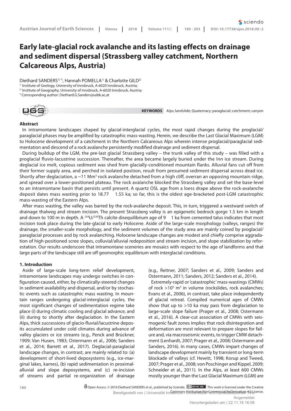 Early Late-Glacial Rock Avalanche and Its Lasting Effects on Drainage and Sediment Dispersal (Strassberg Valley Catchment, Northern Calcareous Alps, Austria)