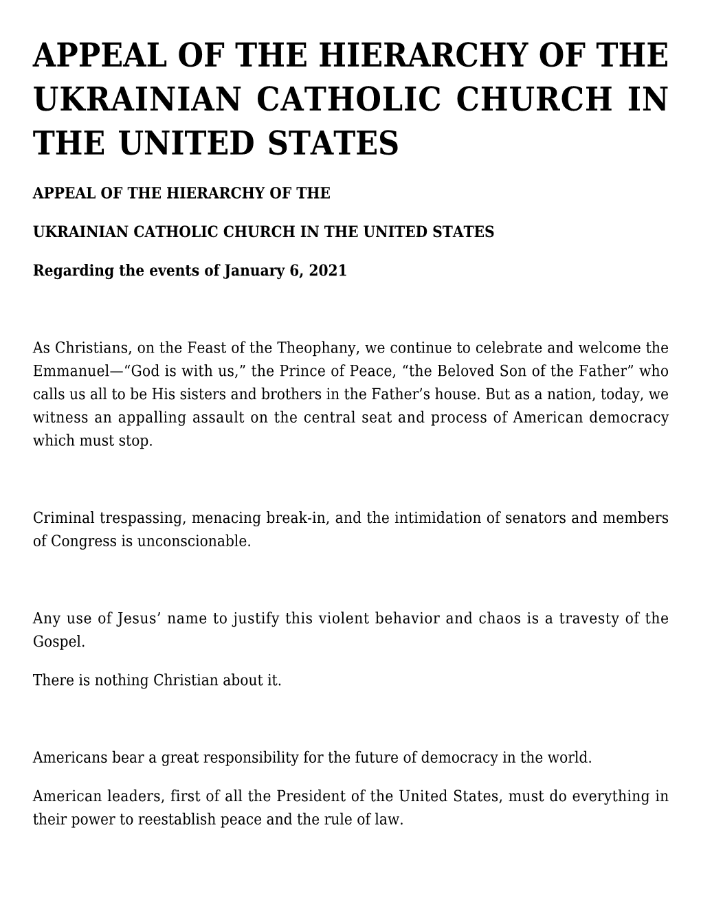 Appeal of the Hierarchy of the Ukrainian Catholic Church in the United States