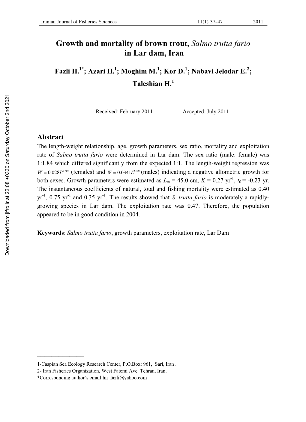 Growth and Mortality of Brown Trout, Salmo Trutta Fario in Lar Dam, Iran