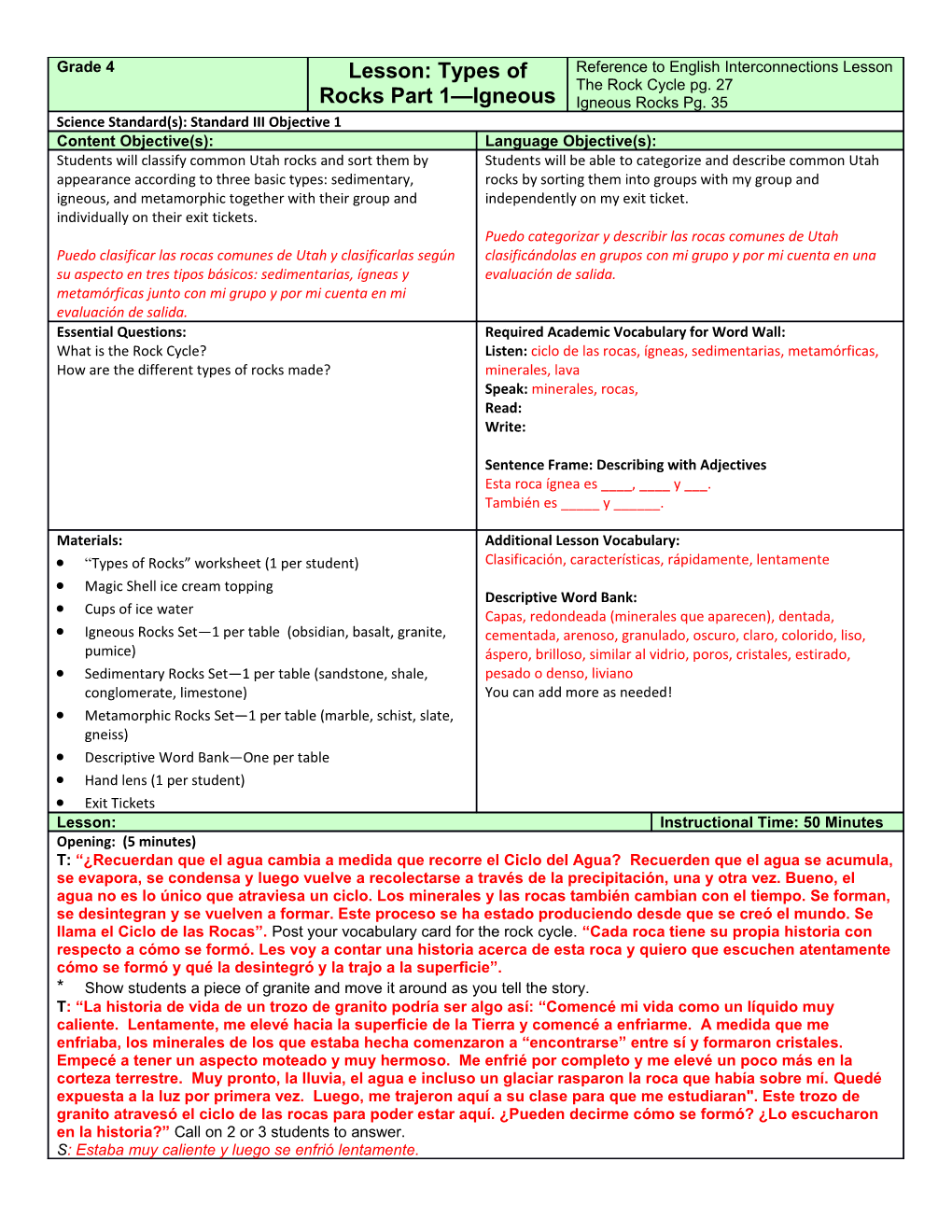 Types of Rocks Answer Sheet