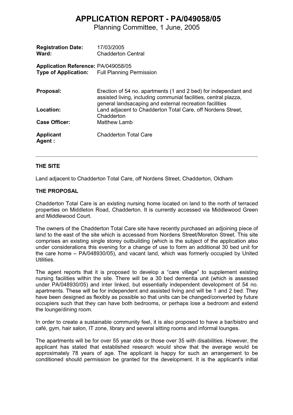 APPLICATION REPORT - PA/049058/05 Planning Committee, 1 June, 2005