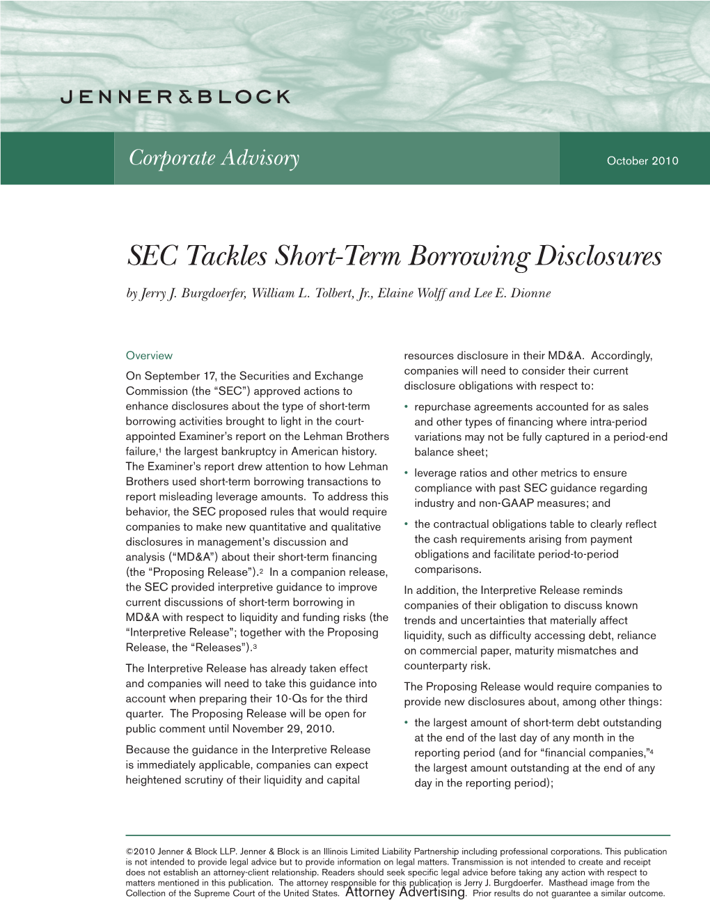SEC Tackles Short-Term Borrowing Disclosures by Jerry J