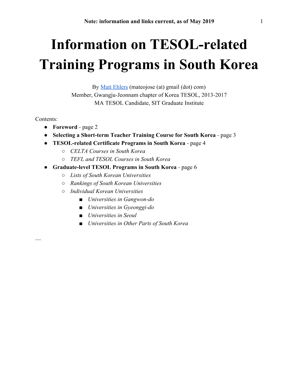 Information on TESOL-Related Training Programs in South Korea