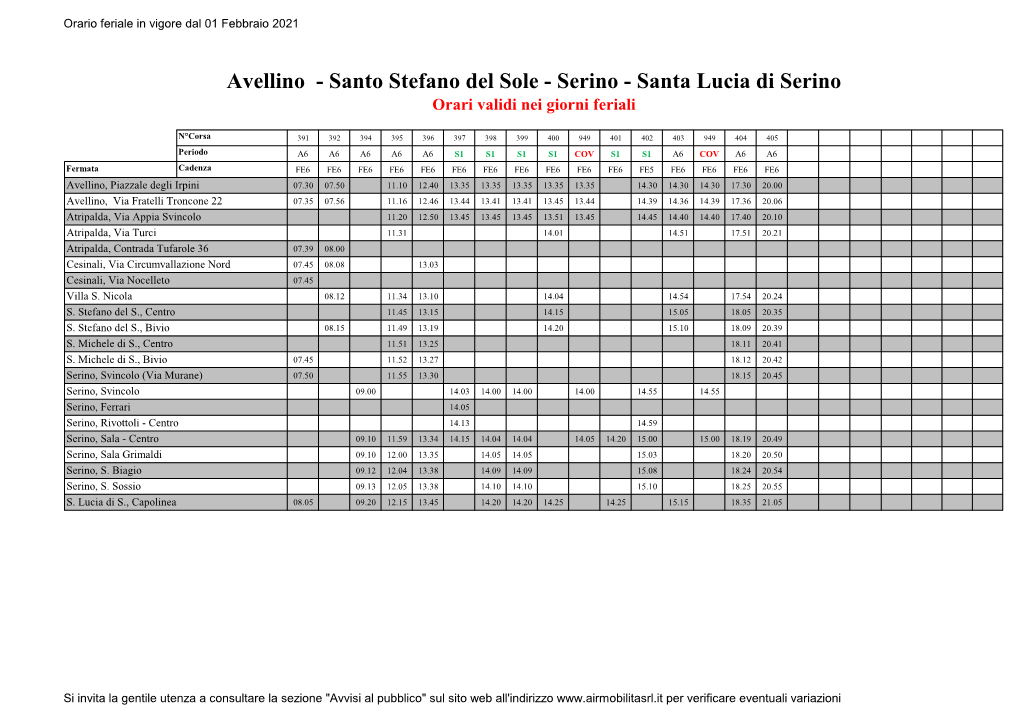 Avellino - Santo Stefano Del Sole - Serino - Santa Lucia Di Serino Orari Validi Nei Giorni Feriali