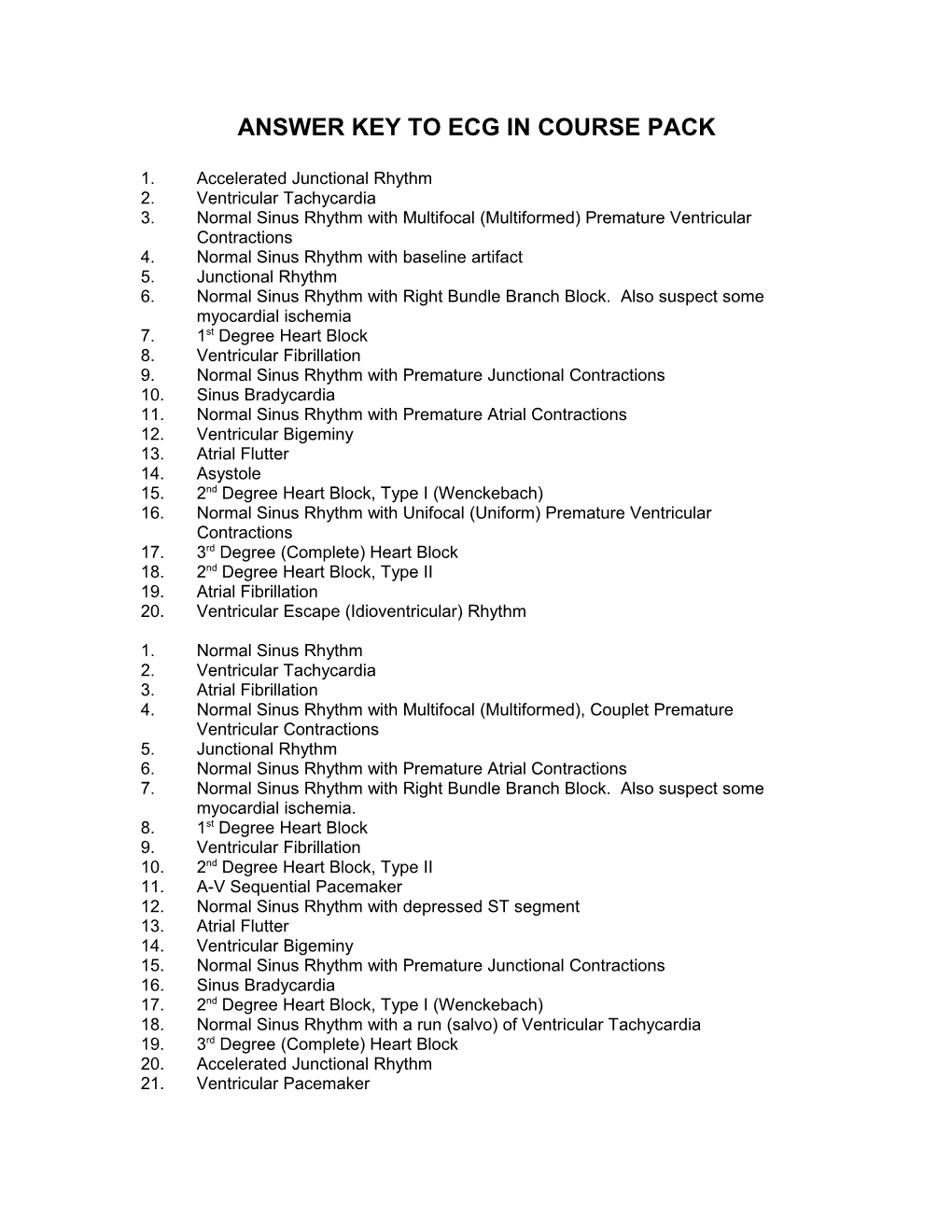 Answer Key to Ecg in Course Pack