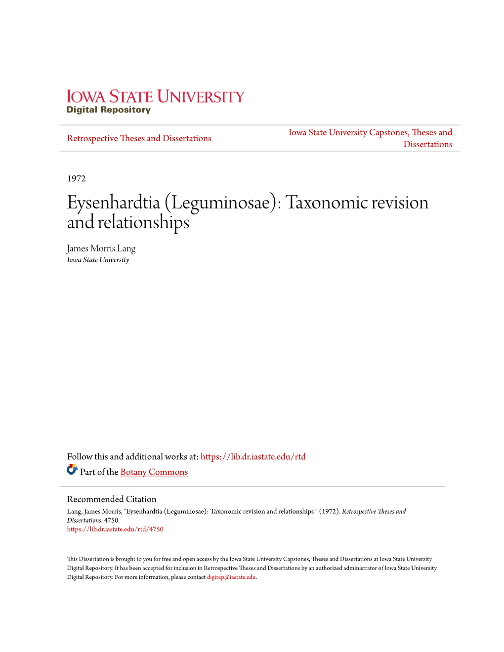 Eysenhardtia (Leguminosae): Taxonomic Revision and Relationships James Morris Lang Iowa State University