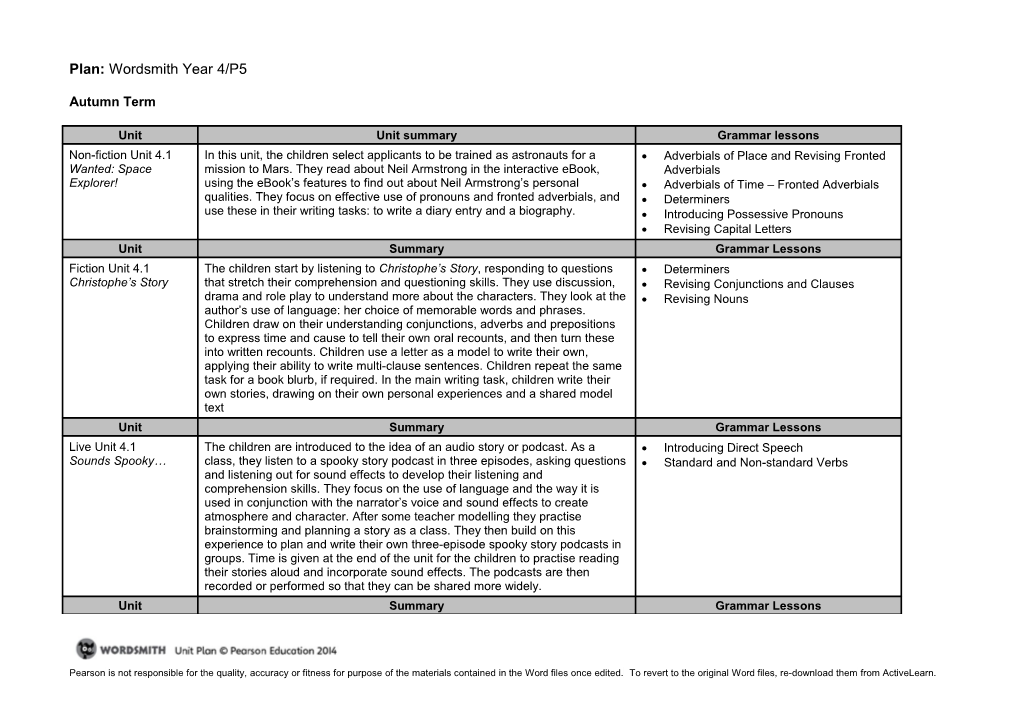 Plan: Wordsmith Year 4/P5