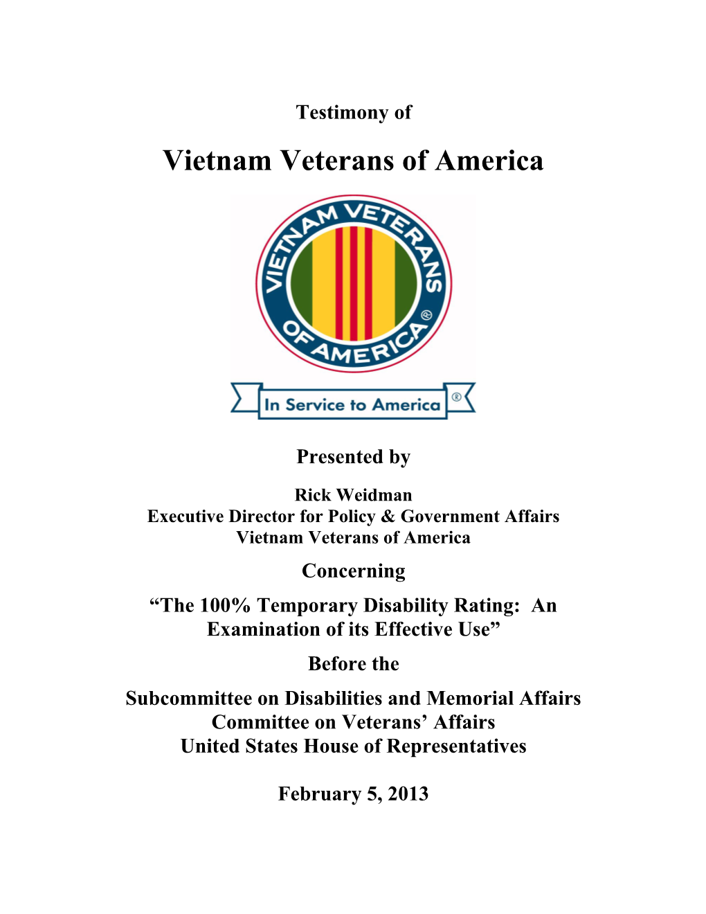 Vietnam Veterans of America House Committee on Veterans Affairs