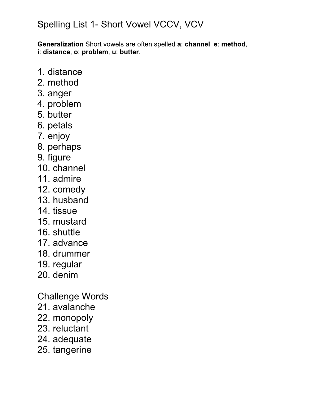 Spelling List 1- Short Vowel VCCV, VCV 1. Distance 2. Method 3. Anger