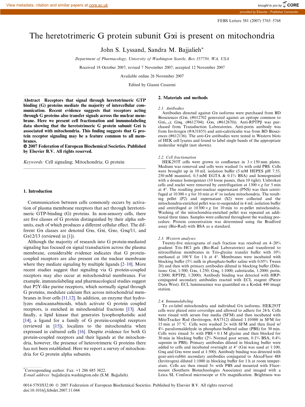 The Heretotrimeric G Protein Subunit Gai Is Present on Mitochondria