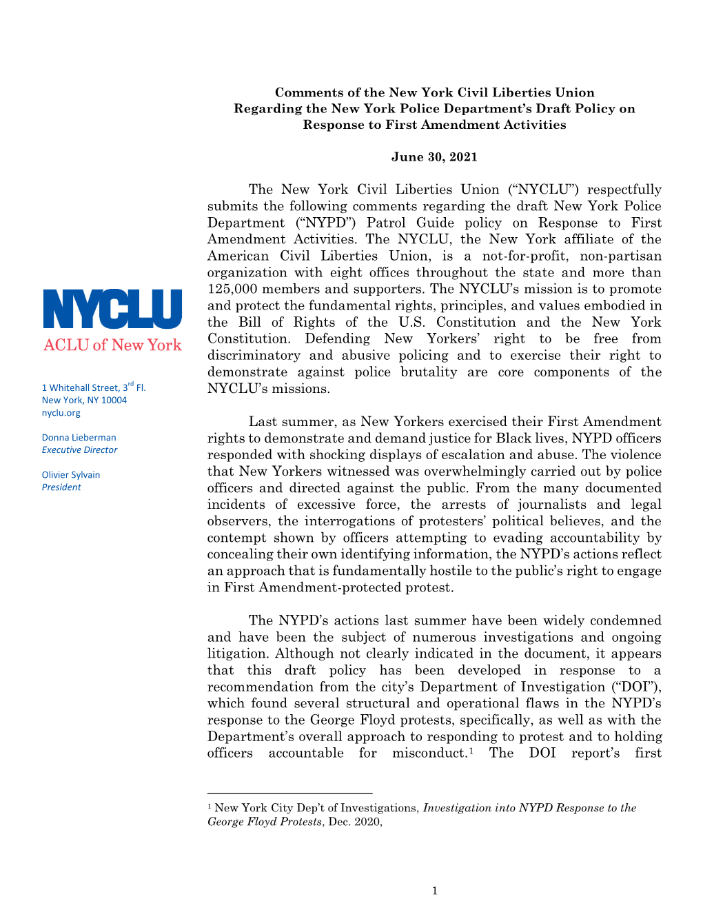 Pdfcomments on the NYPD's First Amendment Policy