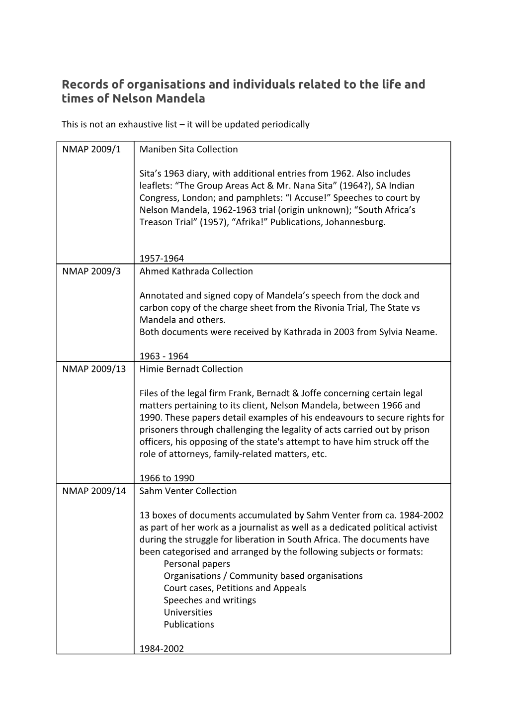 Records of Organisations and Individuals Related to the Life and Times of Nelson Mandela