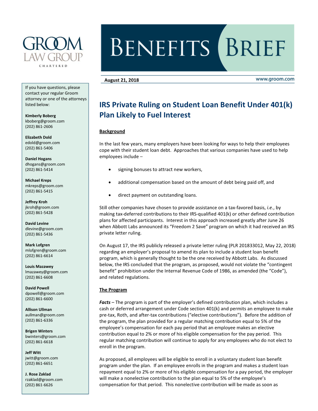 IRS Private Ruling on Student Loan Benefit Under 401(K)