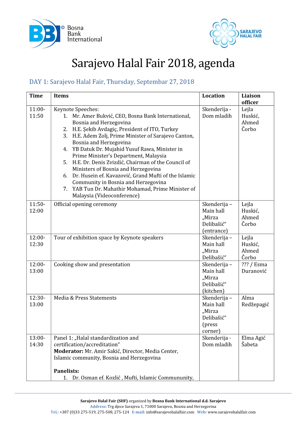 Sarajevo Halal Fair 2018, Agenda