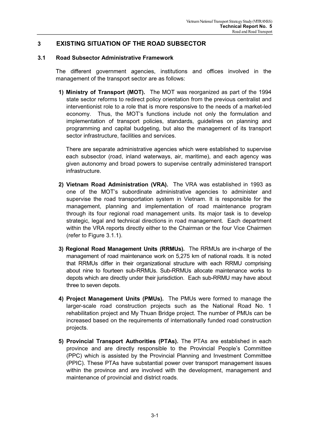 Existing Situation of the Road Subsector