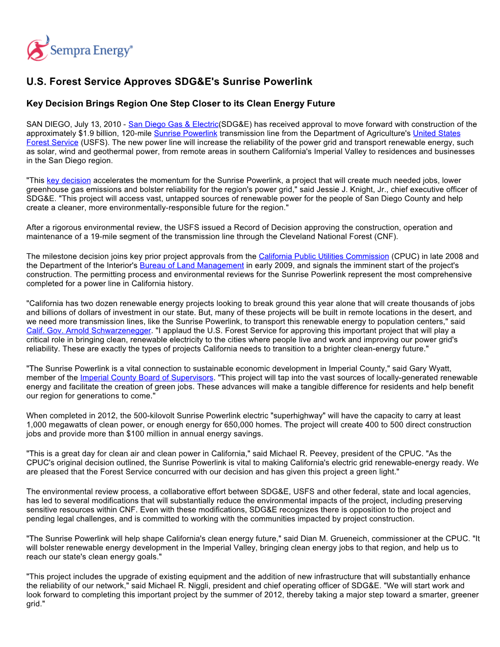 U.S. Forest Service Approves SDG&E's Sunrise Powerlink