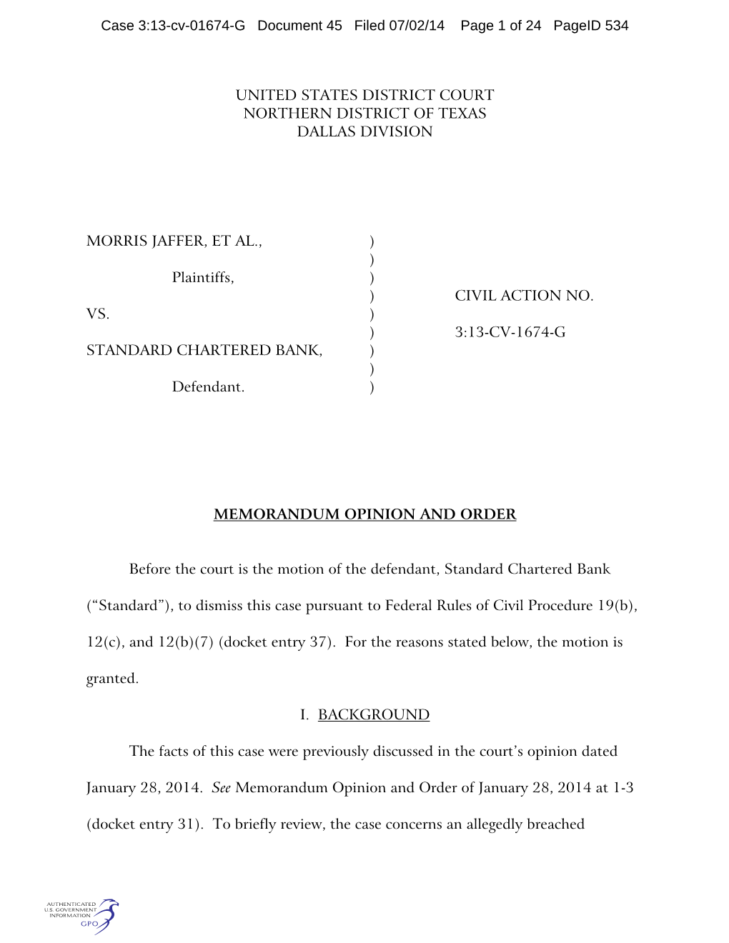 Case 3:13-Cv-01674-G Document 45 Filed 07/02/14 Page 1 of 24 Pageid 534