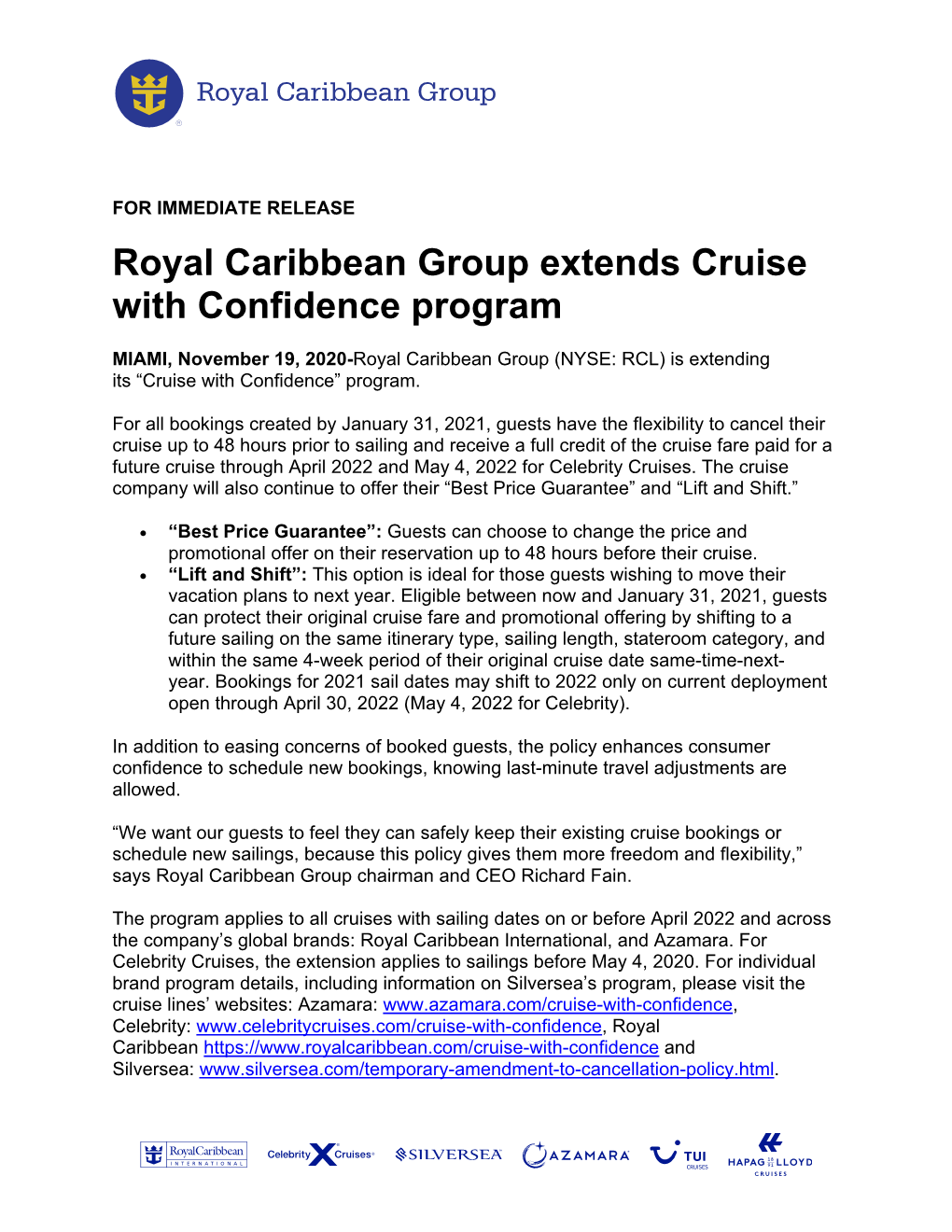 Royal Caribbean Group Extends Cruise with Confidence Program