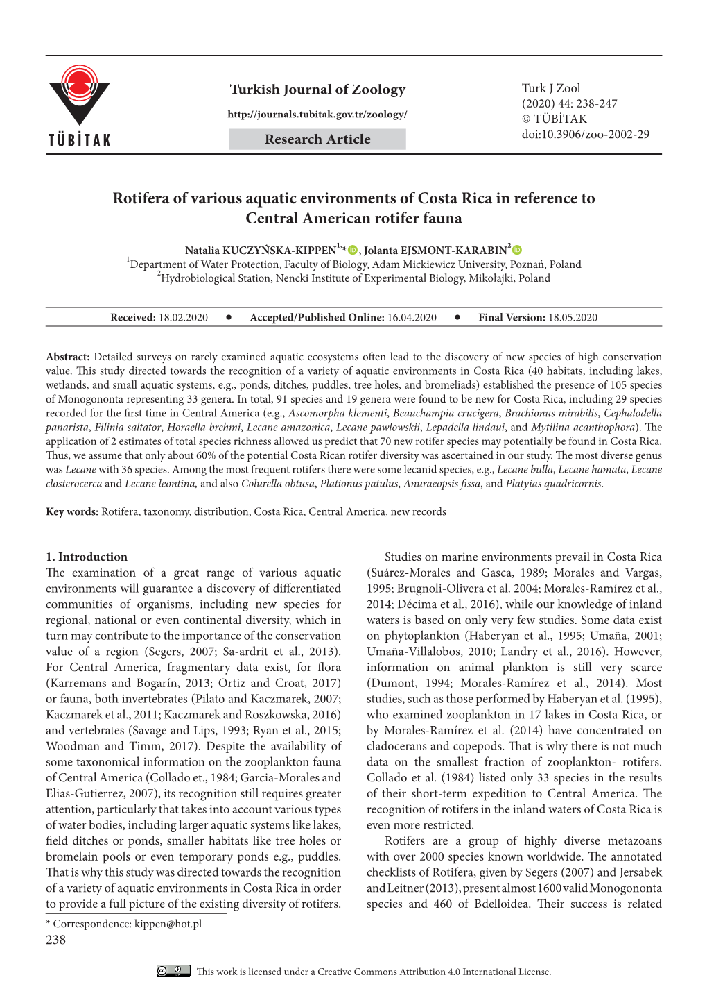 Rotifera of Various Aquatic Environments of Costa Rica in Reference to Central American Rotifer Fauna