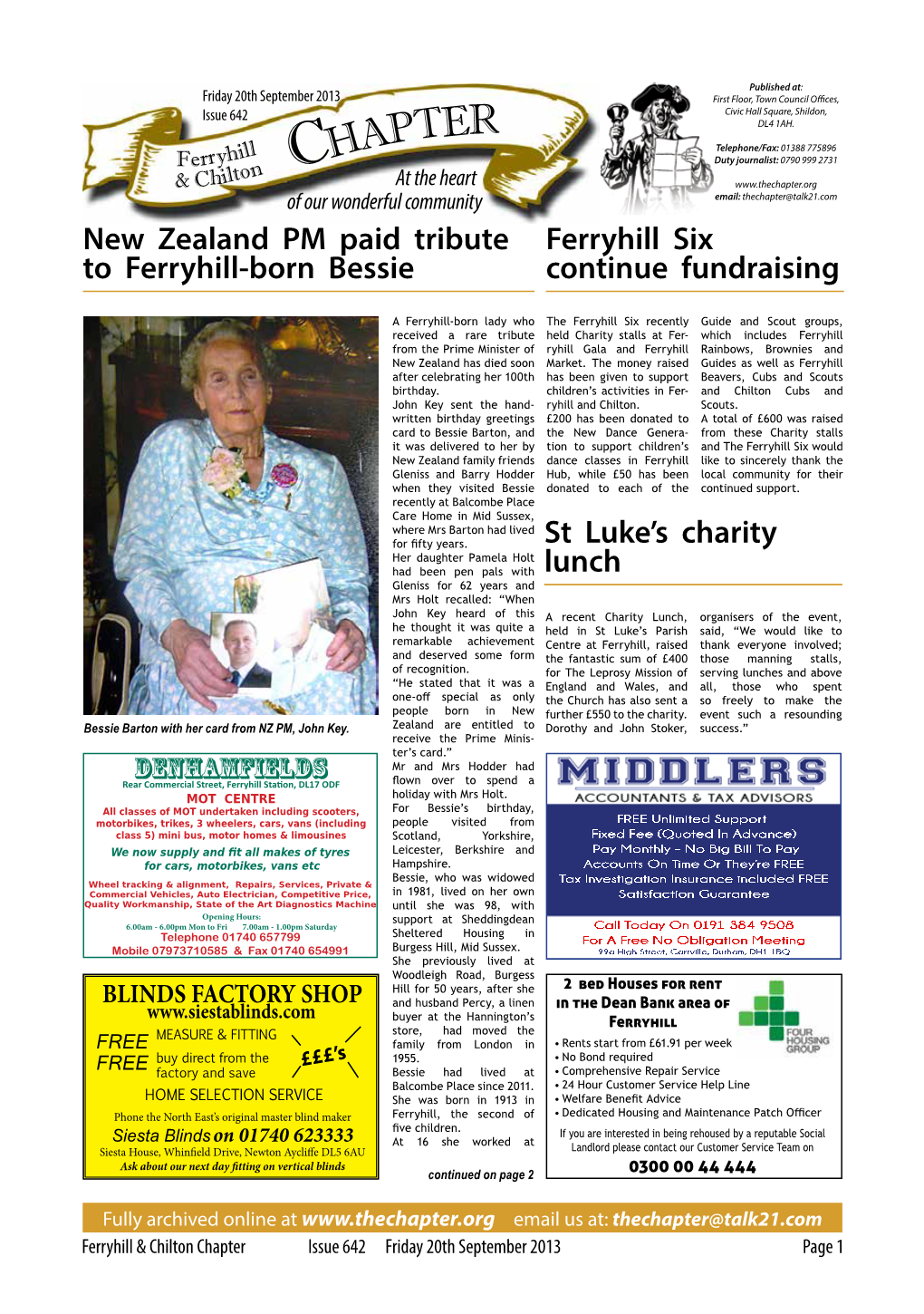 Chapter.Org of Our Wonderful Community Email: Thechapter@Talk21.Com New Zealand PM Paid Tribute Ferryhill Six to Ferryhill-Born Bessie Continue Fundraising