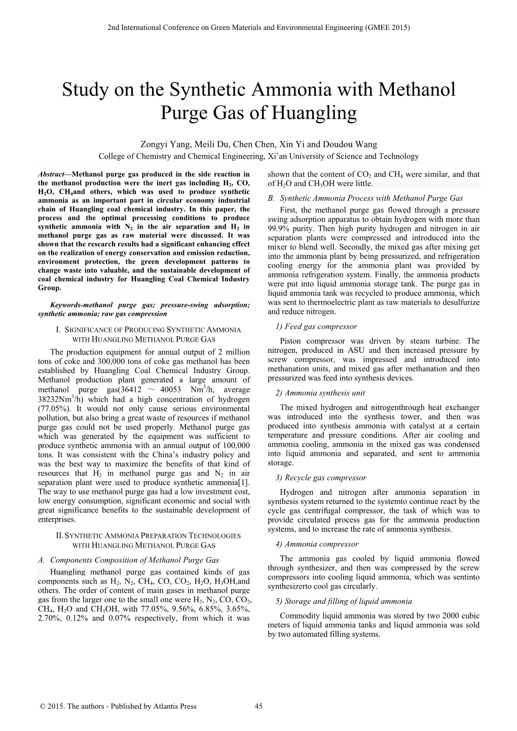 Study on the Synthetic Ammonia with Methanol Purge Gas of Huangling