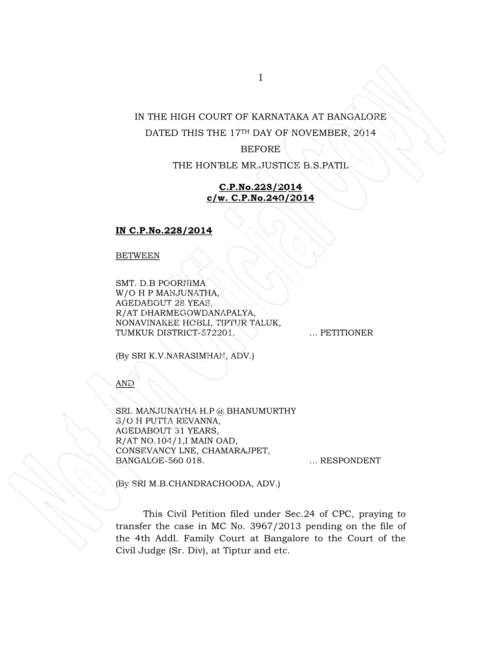 In the High Court of Karnataka at Bangalore Dated This the 17 Th Day of November, 2014 Before the Hon’Ble Mr.Justice B.S.Patil