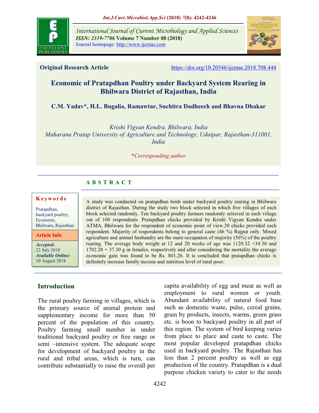 Economic of Pratapdhan Poultry Under Backyard System Rearing in Bhilwara District of Rajasthan, India