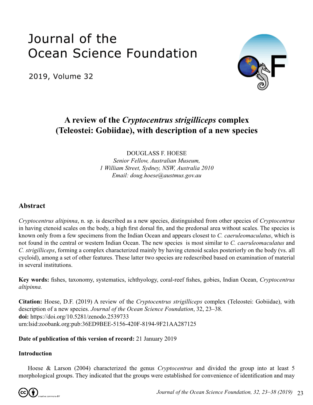 A Review of the Cryptocentrus Strigilliceps Complex (Teleostei: Gobiidae), with Description of a New Species