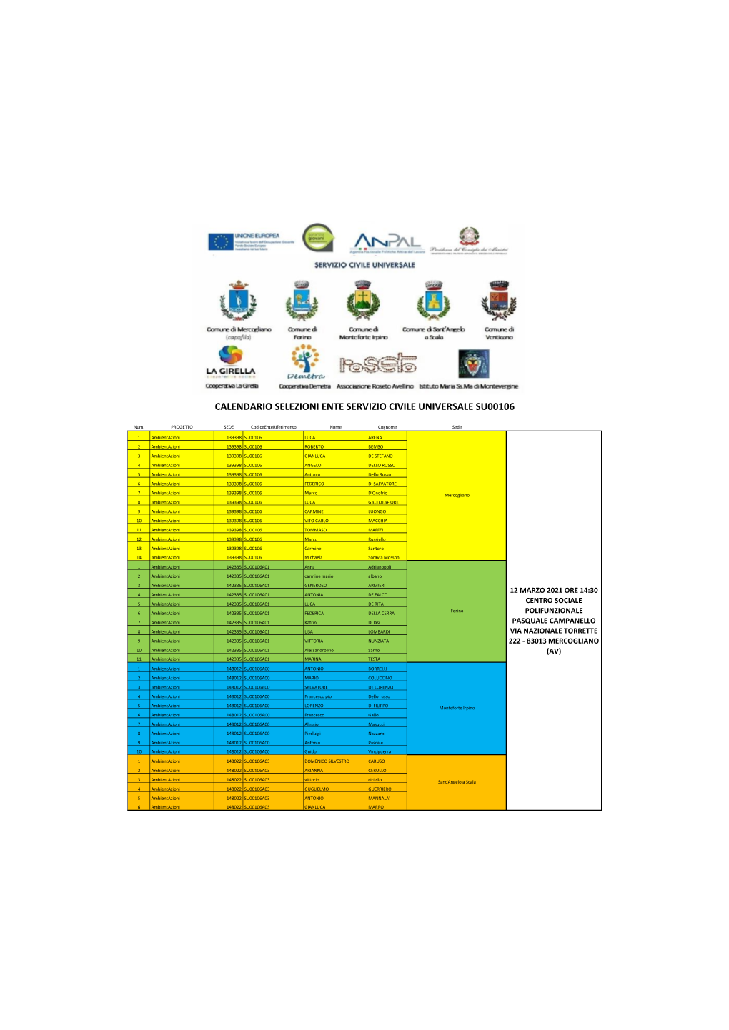 Calendario Selezioni Ente Servizio Civile Universale Su00106