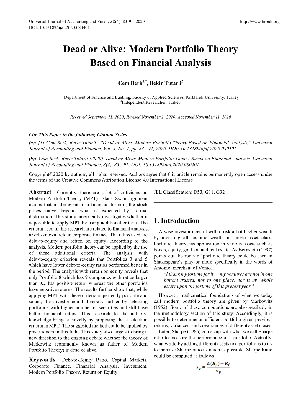 Modern Portfolio Theory Based on Financial Analysis