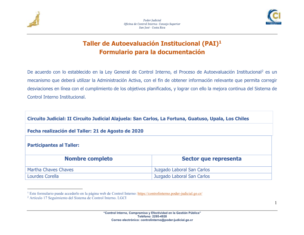 Taller De Autoevaluación Institucional 2020. Circuito Judicial De San Carlos