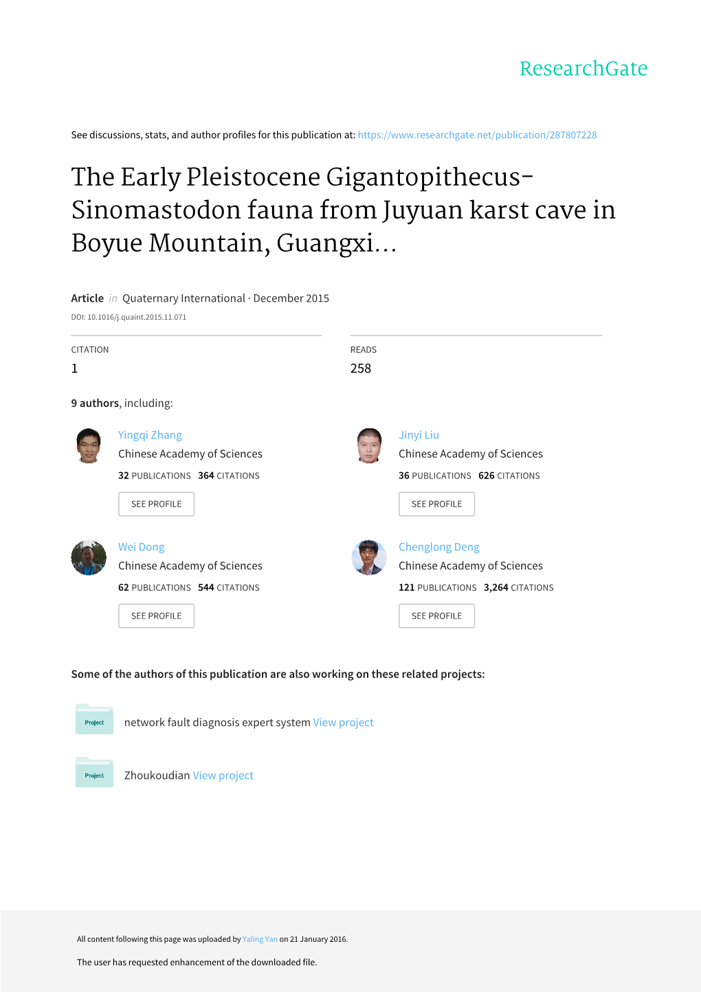 The Early Pleistocene Gigantopithecus-Sinomastodon Fauna from Juyuan Karst Cave in Boyue Mountain, Guangxi, South China