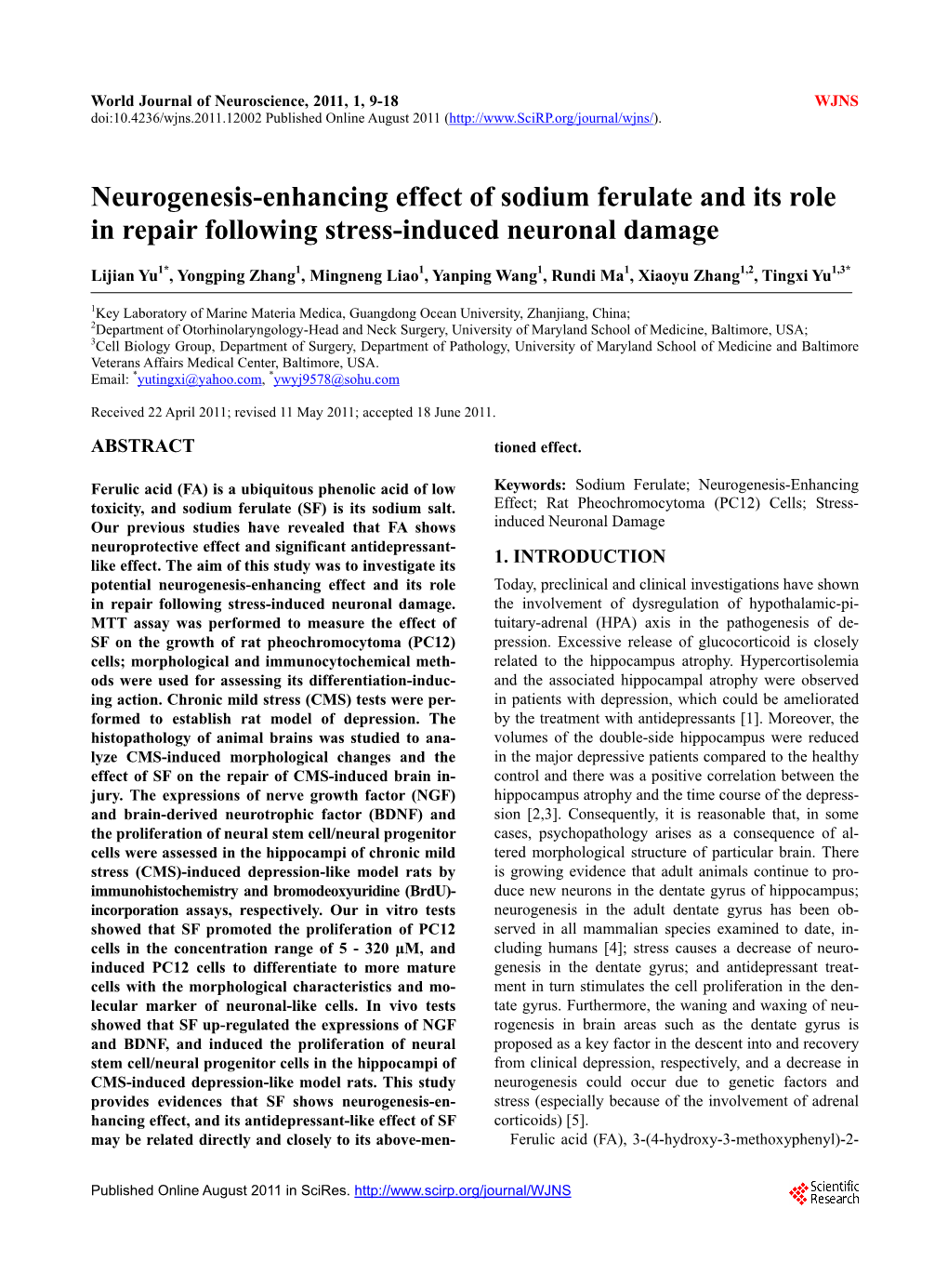 Neurogenesis-Enhancing Effect of Sodium Ferulate and Its Role in Repair Following Stress-Induced Neuronal Damage