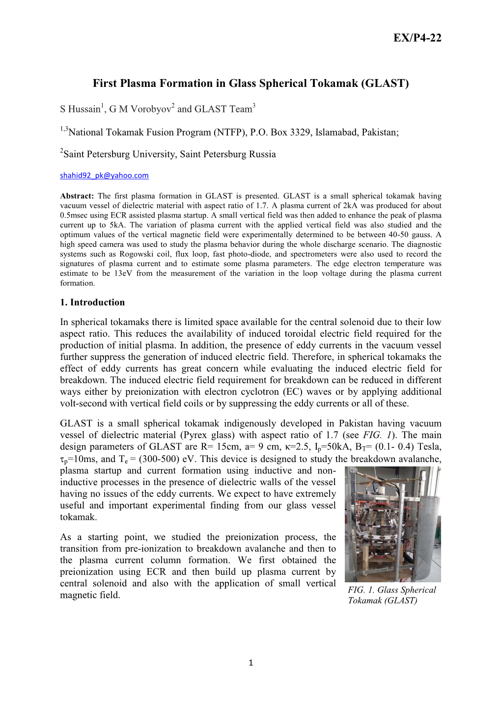 EX/P4-22 First Plasma Formation in Glass Spherical Tokamak (GLAST)