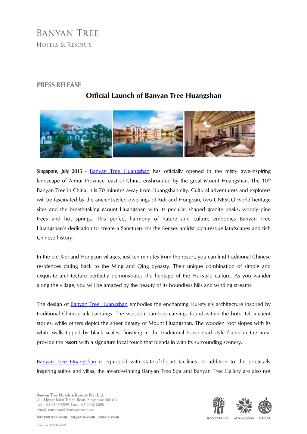 PRESS RELEASE Official Launch of Banyan Tree Huangshan