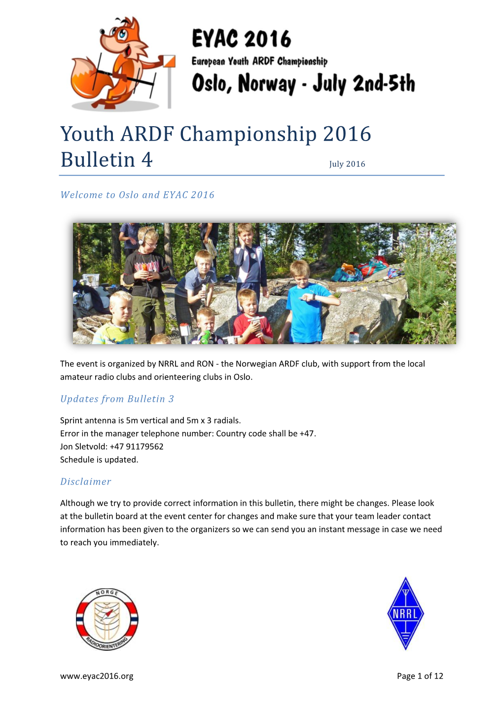 Youth ARDF Championship 2016 Bulletin 4 July 2016