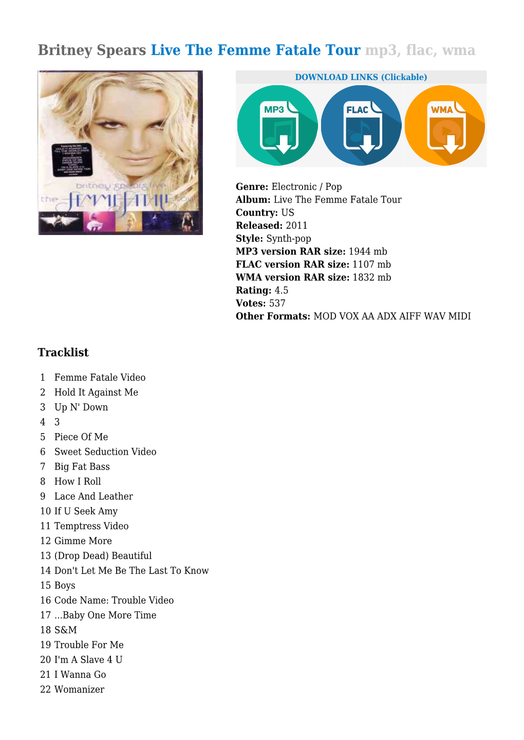 Britney Spears Live the Femme Fatale Tour Mp3, Flac, Wma