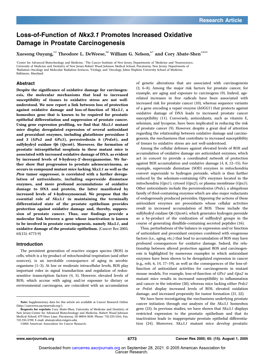 Loss-Of-Function of Nkx3.1 Promotes Increased Oxidative Damage in Prostate Carcinogenesis