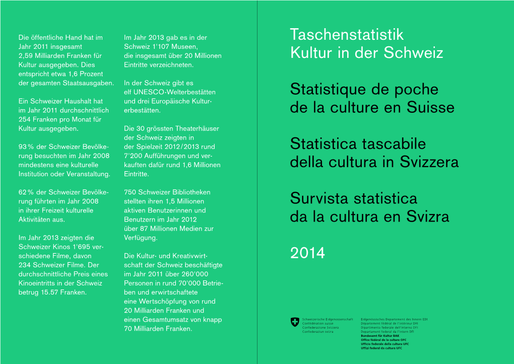 Taschenstatistik Kultur in Der Schweiz 2014