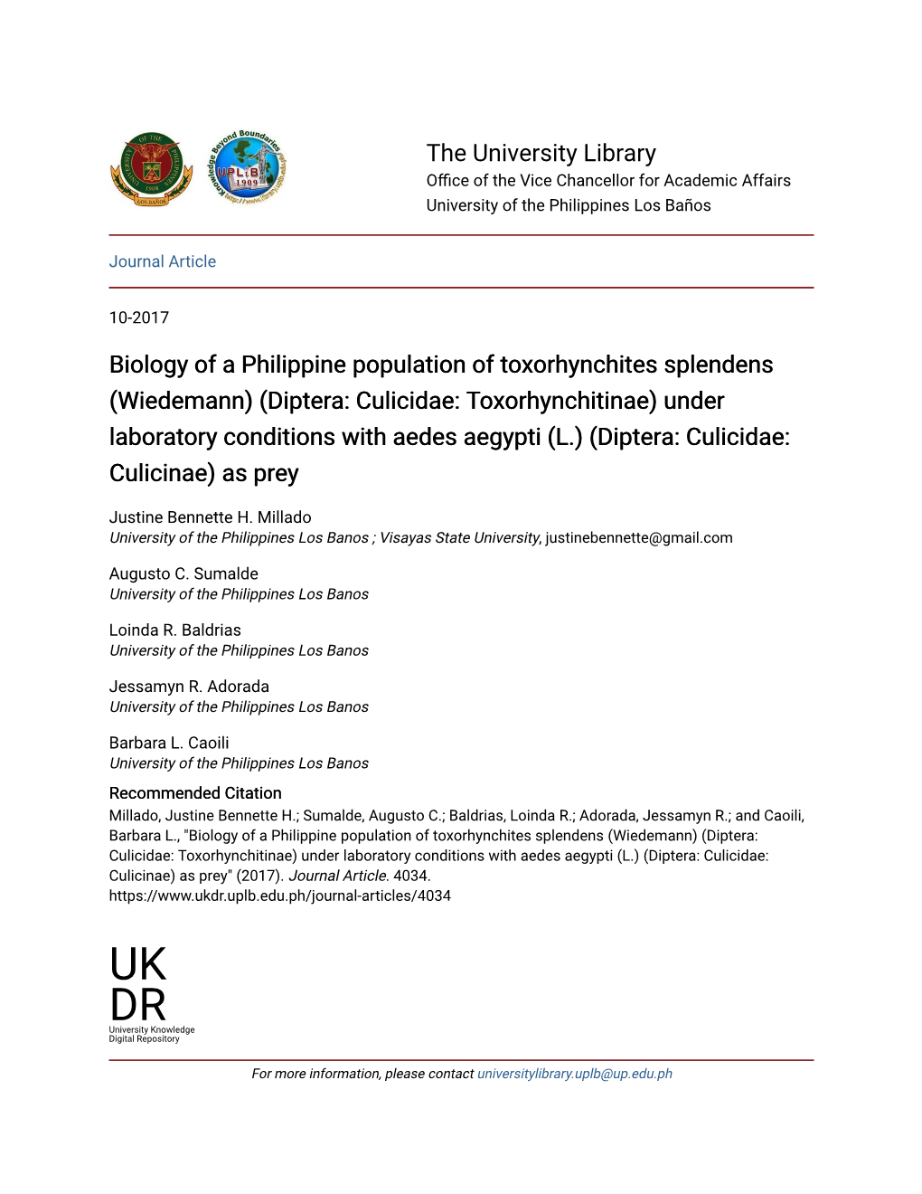 Biology of a Philippine Population of Toxorhynchites Splendens