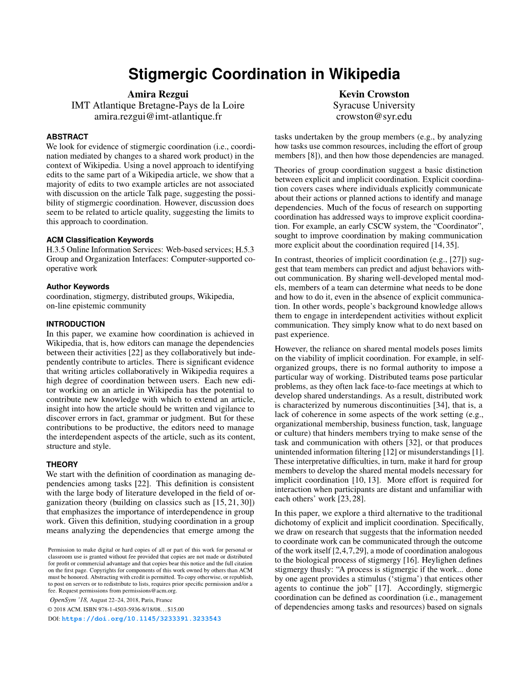 Stigmergic Coordination in Wikipedia