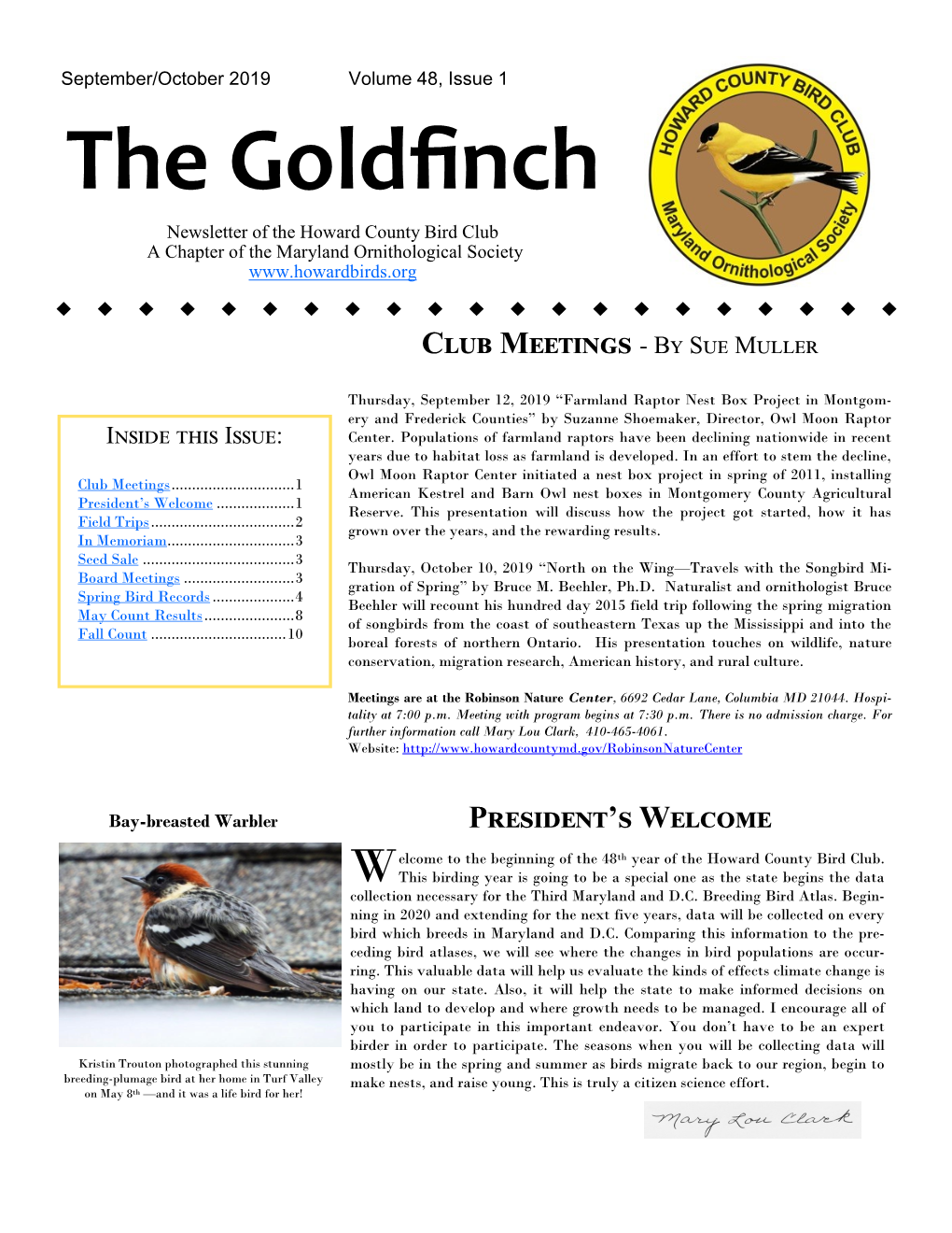 The Goldfinch Newsletter of the Howard County Bird Club a Chapter of the Maryland Ornithological Society