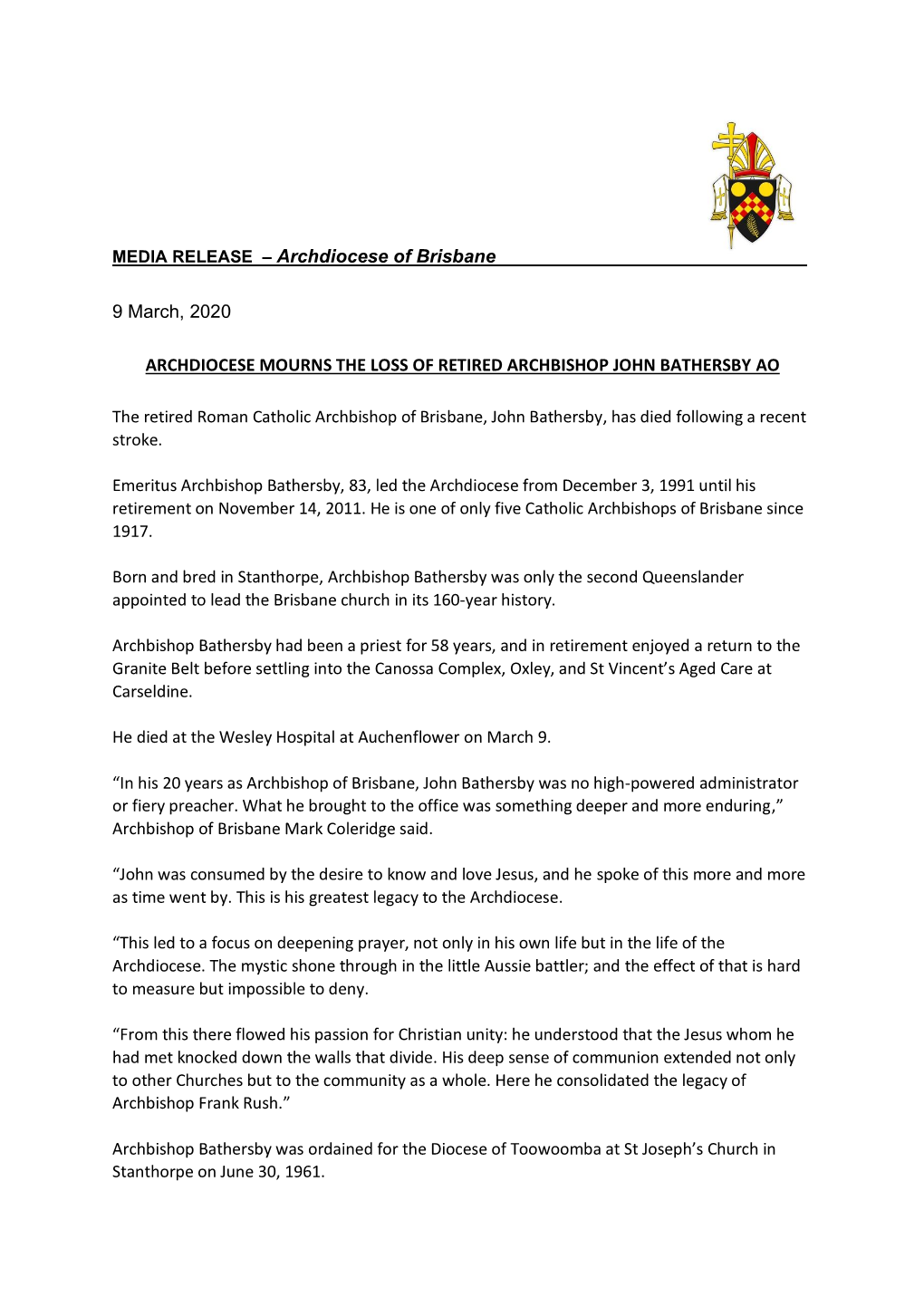 MEDIA RELEASE – Archdiocese of Brisbane 9 March, 2020