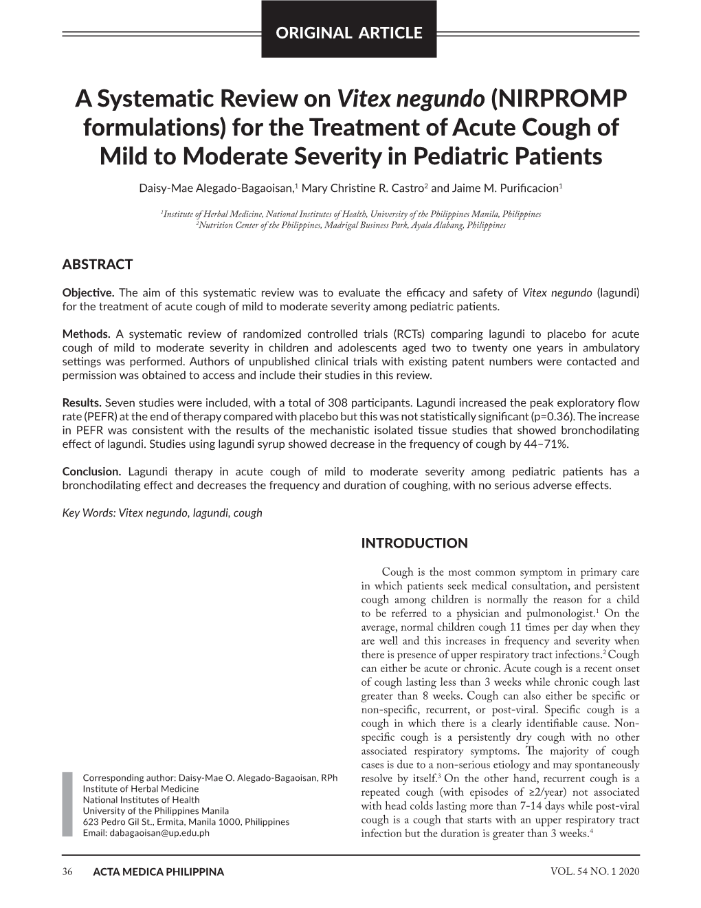 A Systematic Review on Vitex Negundo (NIRPROMP Formulations) for the Treatment of Acute Cough of Mild to Moderate Severity in Pediatric Patients