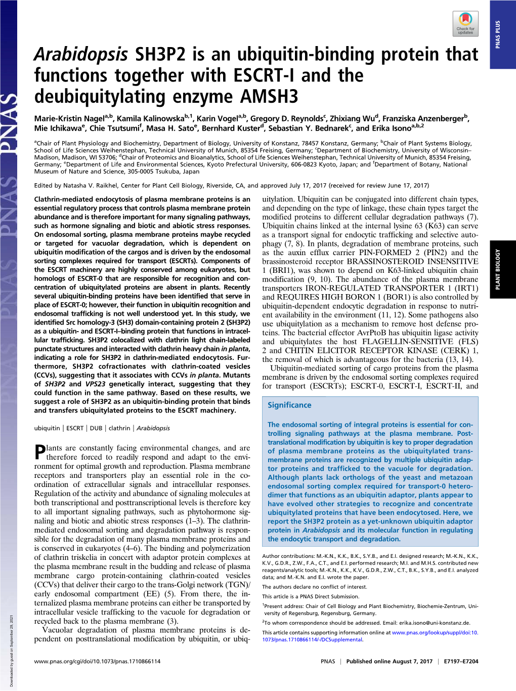 Arabidopsis SH3P2 Is an Ubiquitin-Binding Protein That Functions Together with ESCRT-I and the Deubiquitylating Enzyme AMSH3